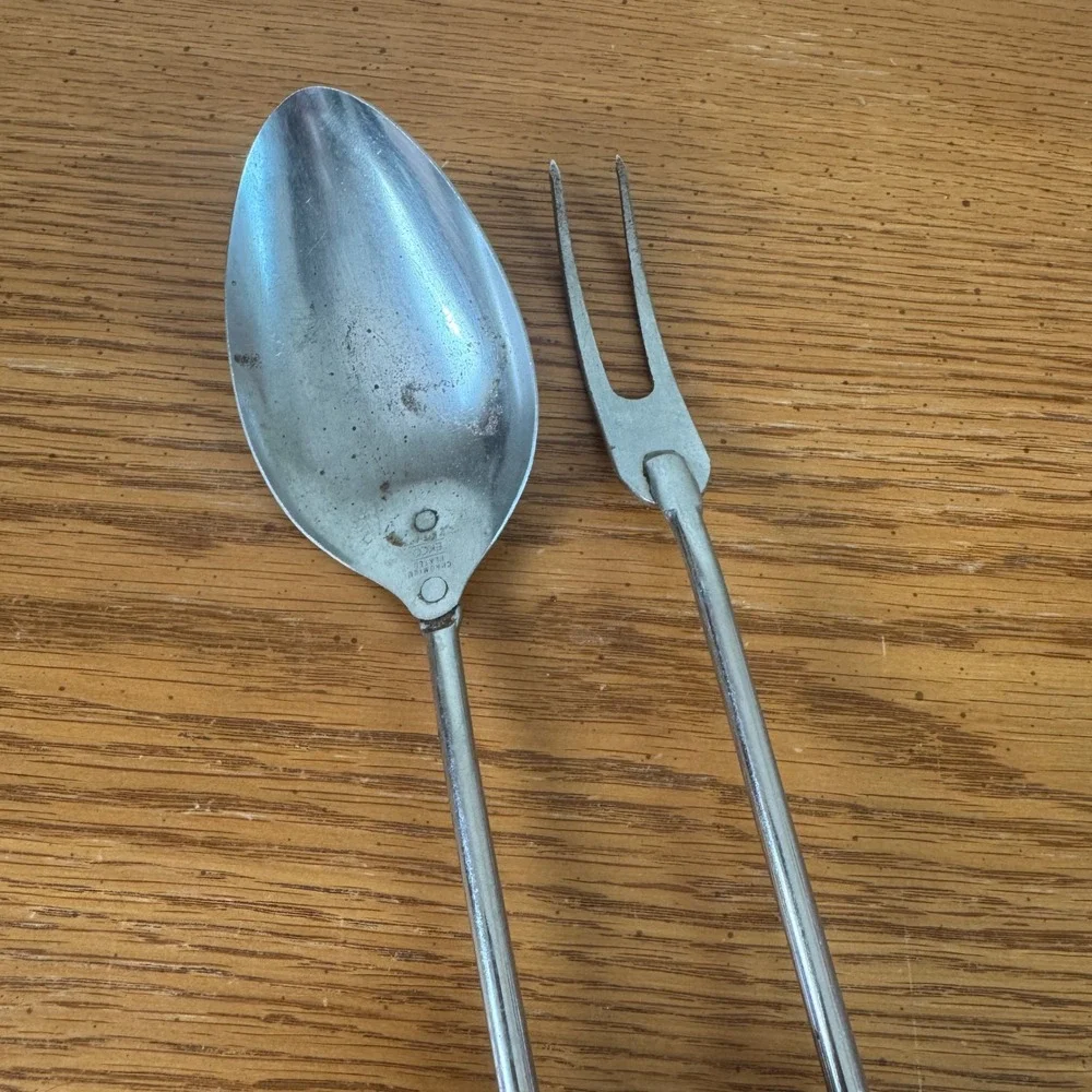 Vintage EKCO Chromium Plated Serving Spoon and Meat Fork Set Black Wood Handle